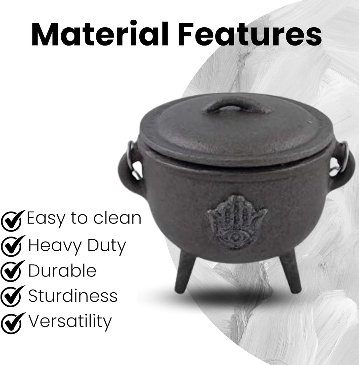 Cast Iron Cauldron with Lid and Carry Handle for Spells, Smudging, Ritual & Blessings | Includes 6 Free Incense Smudge Cups (4.5 Inch, Hand of Hamsa)