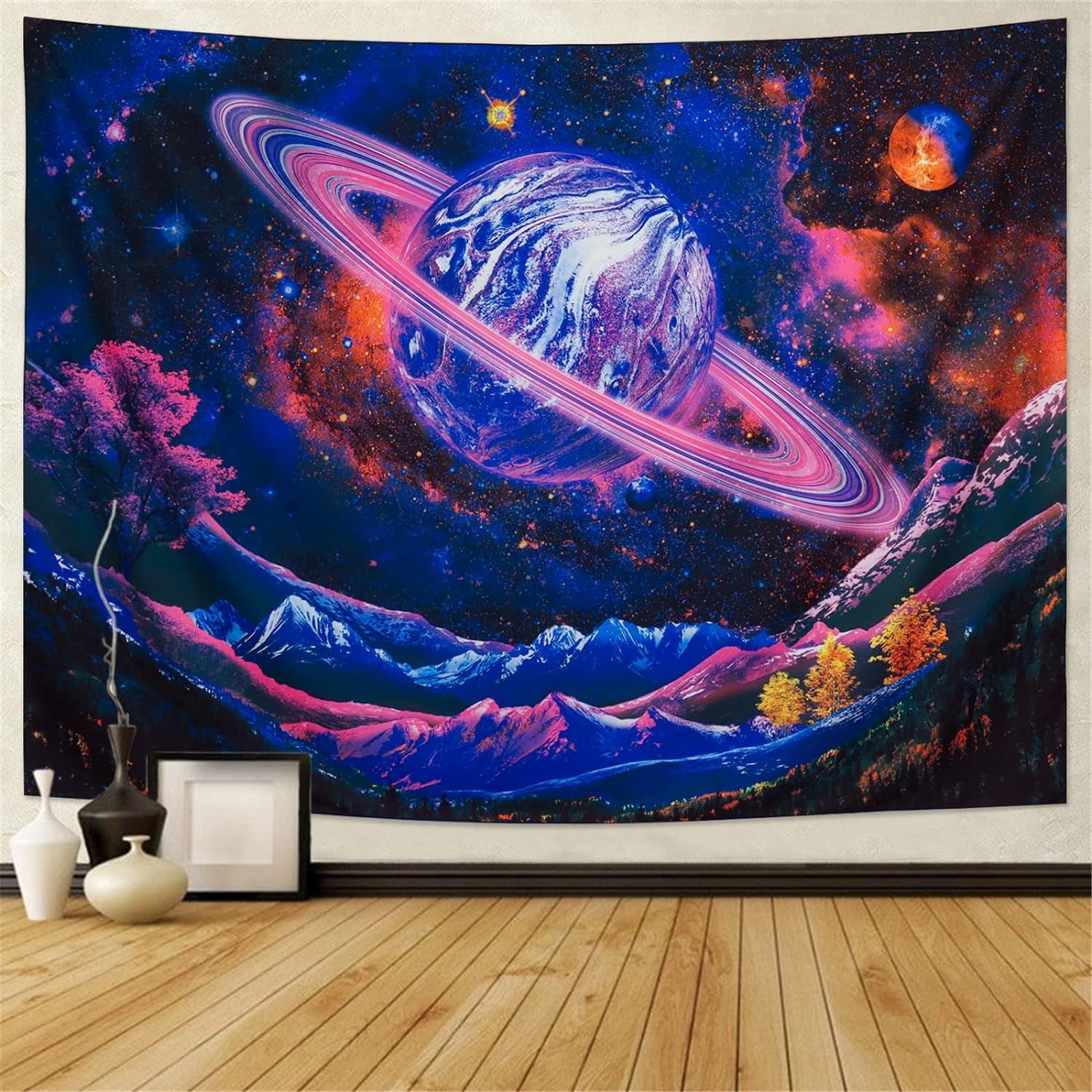 Blacklight Tapestry UV Reactive Planet Tapestry Galaxy Space Tapestry Trippy Mountain Tapestry Starry Sky Tapestry Wall Hanging for Home Decor(51.2"X59.1")