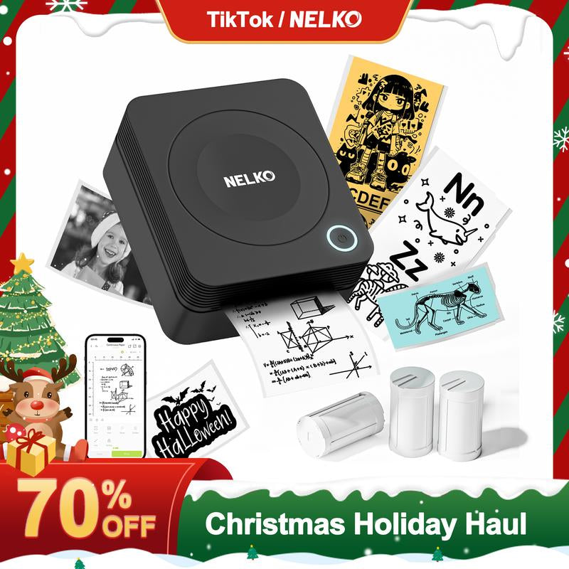 NELKO PM230 Bluetooth Mini Sticker Printer with 3 Rolls Paper,Inkless Portable Printer for Photos,Journals,Lists,Memos,Gifts,Christmas 2024 Ornament