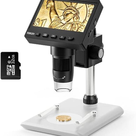 TOMLOV DM43 DM4S Coin Microscope | 4.3" LCD Adult Digital Microscope, IPS Screen, 1000X Magnification, with 8 Leds, PC View, Windows Compatible (32GB Microsd Card Included)