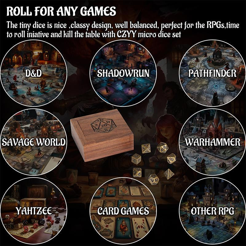 DND 6Mm Micro Polyhedral Mini Dice Set + Black Walnut Wood Dice Box Engraved with D20 & Tree of Life Perfect for Dungeons and Dragons, Tabletop RPG and Cards Board Games