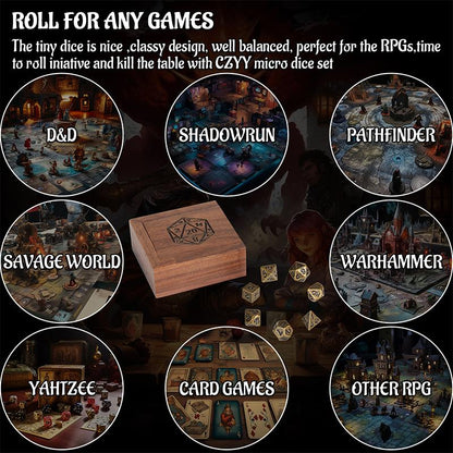 DND 6Mm Micro Polyhedral Mini Dice Set + Black Walnut Wood Dice Box Engraved with D20 & Tree of Life Perfect for Dungeons and Dragons, Tabletop RPG and Cards Board Games