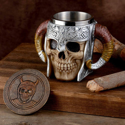 Stainless Steel Viking Skull Mug+Coaster,Double Handle Horn Skull Beer Mug Tankard, Medieval Skull Drinkware Mug for Coffee/Beverage/Juice17Oz.