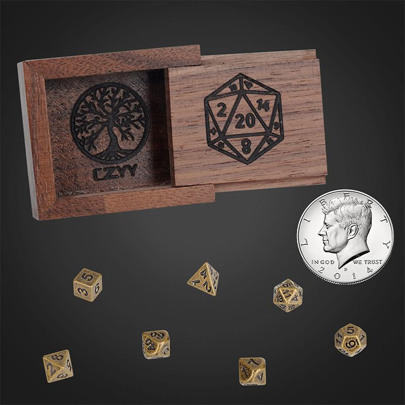 DND 6Mm Micro Polyhedral Mini Dice Set + Black Walnut Wood Dice Box Engraved with D20 & Tree of Life Perfect for Dungeons and Dragons, Tabletop RPG and Cards Board Games