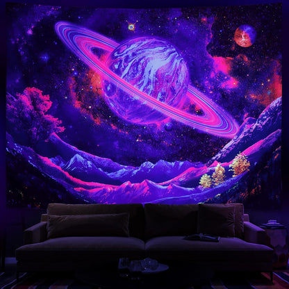 Blacklight Tapestry UV Reactive Planet Tapestry Galaxy Space Tapestry Trippy Mountain Tapestry Starry Sky Tapestry Wall Hanging for Home Decor(51.2"X59.1")