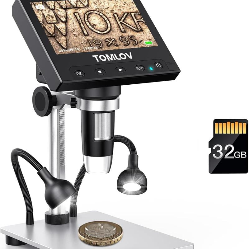 TOMLOV DM43 DM4S Coin Microscope | 4.3" LCD Adult Digital Microscope, IPS Screen, 1000X Magnification, with 8 Leds, PC View, Windows Compatible (32GB Microsd Card Included)