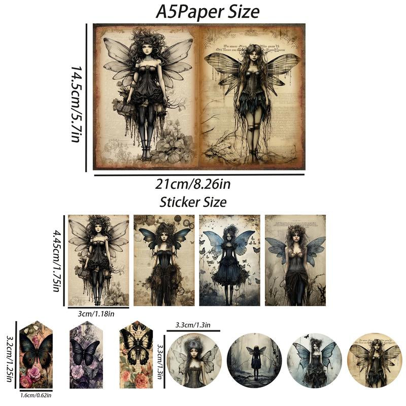 Gothic Butterfly Fairy Pattern Papers & Stickers Set, 58Pcs/Set Including 12Pcs Scrapbook Paper & 46Pcs Sticker, Perfect for Mini Gift Packaging, Bullet Journaling, Arts Crafts, Scrapbooking Supplies