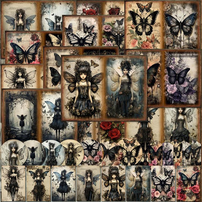 Gothic Butterfly Fairy Pattern Papers & Stickers Set, 58Pcs/Set Including 12Pcs Scrapbook Paper & 46Pcs Sticker, Perfect for Mini Gift Packaging, Bullet Journaling, Arts Crafts, Scrapbooking Supplies