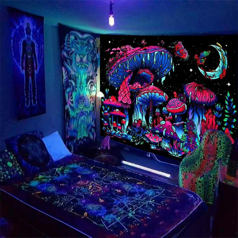 Mushroom Pattern Tapestry, Boho Fluorescent Tapestry, Wall Hanging Decor for Living Room & Bedroom & Dormitory