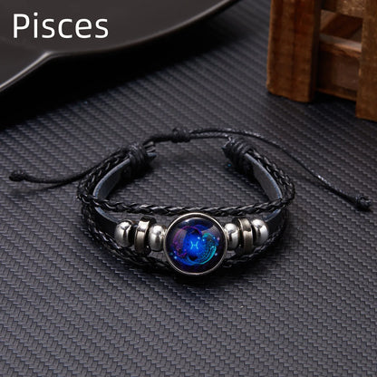 12 Constellation Zodiac Sign Charm Luminous Bracelets Men Women Vintage Multilayer Wrap Leather Bracelet & Bangle Birthday Gift