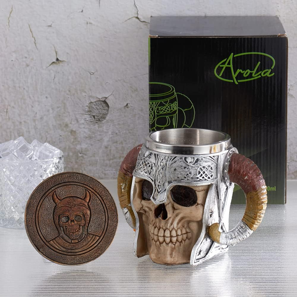 Stainless Steel Viking Skull Mug+Coaster,Double Handle Horn Skull Beer Mug Tankard, Medieval Skull Drinkware Mug for Coffee/Beverage/Juice17Oz.