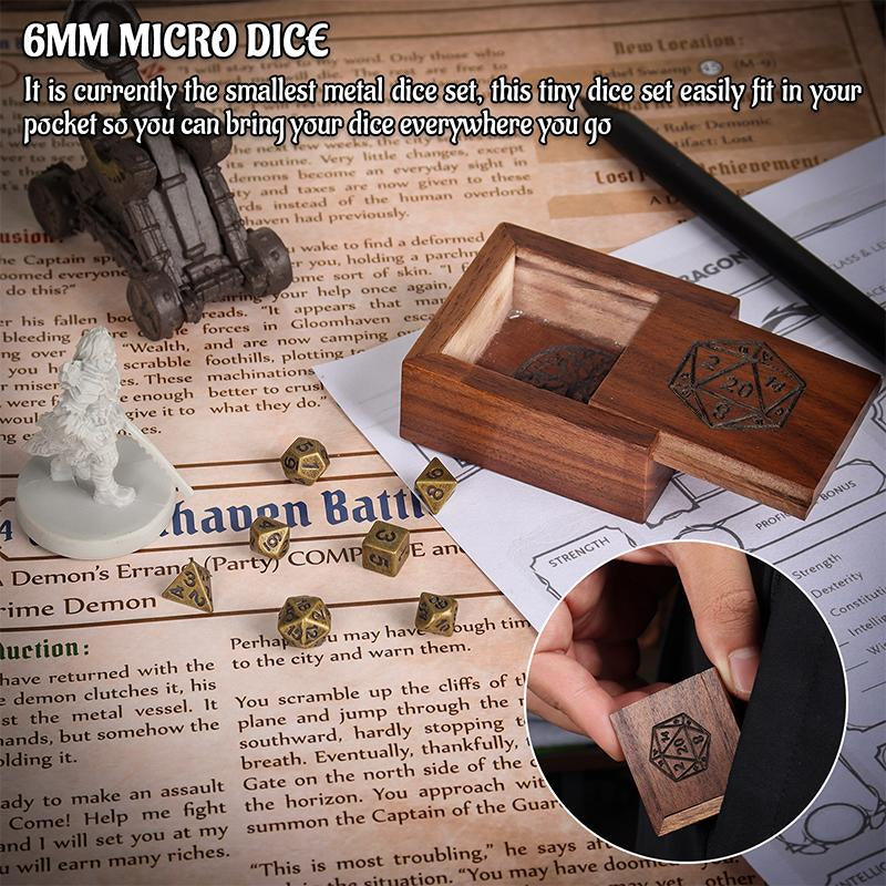 DND 6Mm Micro Polyhedral Mini Dice Set + Black Walnut Wood Dice Box Engraved with D20 & Tree of Life Perfect for Dungeons and Dragons, Tabletop RPG and Cards Board Games