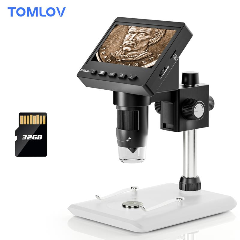 TOMLOV DM43 DM4S Coin Microscope | 4.3" LCD Adult Digital Microscope, IPS Screen, 1000X Magnification, with 8 Leds, PC View, Windows Compatible (32GB Microsd Card Included)