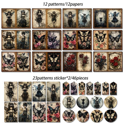 Gothic Butterfly Fairy Pattern Papers & Stickers Set, 58Pcs/Set Including 12Pcs Scrapbook Paper & 46Pcs Sticker, Perfect for Mini Gift Packaging, Bullet Journaling, Arts Crafts, Scrapbooking Supplies