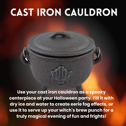 Cast Iron Cauldron with Lid and Carry Handle for Spells, Smudging, Ritual & Blessings | Includes 6 Free Incense Smudge Cups (4.5 Inch, Hand of Hamsa)