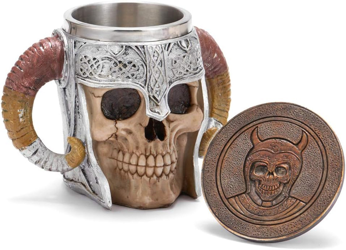 Stainless Steel Viking Skull Mug+Coaster,Double Handle Horn Skull Beer Mug Tankard, Medieval Skull Drinkware Mug for Coffee/Beverage/Juice17Oz.