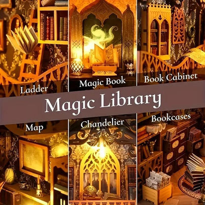 Hot Selling Vintage Style Magic Library Design Wooden Diy Book Stand Model, DIY Building Model with Light Effect, Handmade Gift, Birthday Gift, Christmas Gift