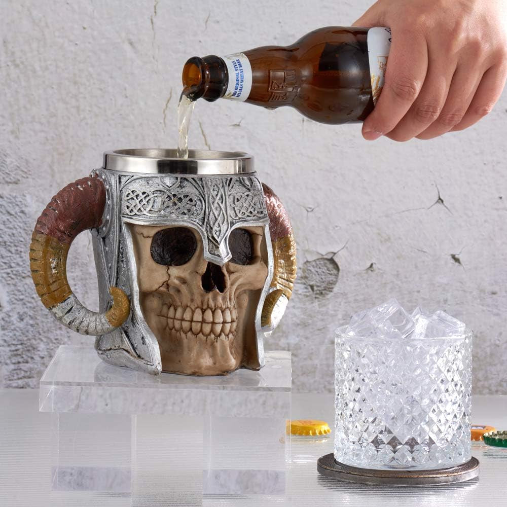 Stainless Steel Viking Skull Mug+Coaster,Double Handle Horn Skull Beer Mug Tankard, Medieval Skull Drinkware Mug for Coffee/Beverage/Juice17Oz.