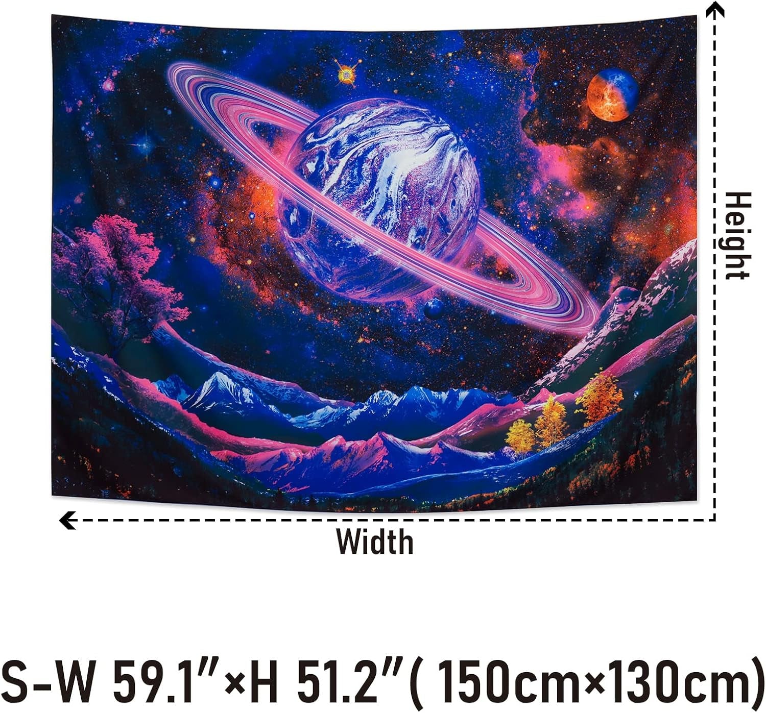 Blacklight Tapestry UV Reactive Planet Tapestry Galaxy Space Tapestry Trippy Mountain Tapestry Starry Sky Tapestry Wall Hanging for Home Decor(51.2"X59.1")