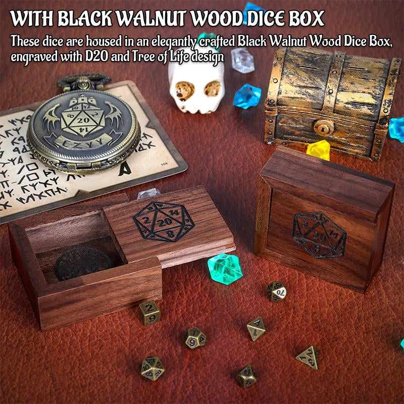 DND 6Mm Micro Polyhedral Mini Dice Set + Black Walnut Wood Dice Box Engraved with D20 & Tree of Life Perfect for Dungeons and Dragons, Tabletop RPG and Cards Board Games