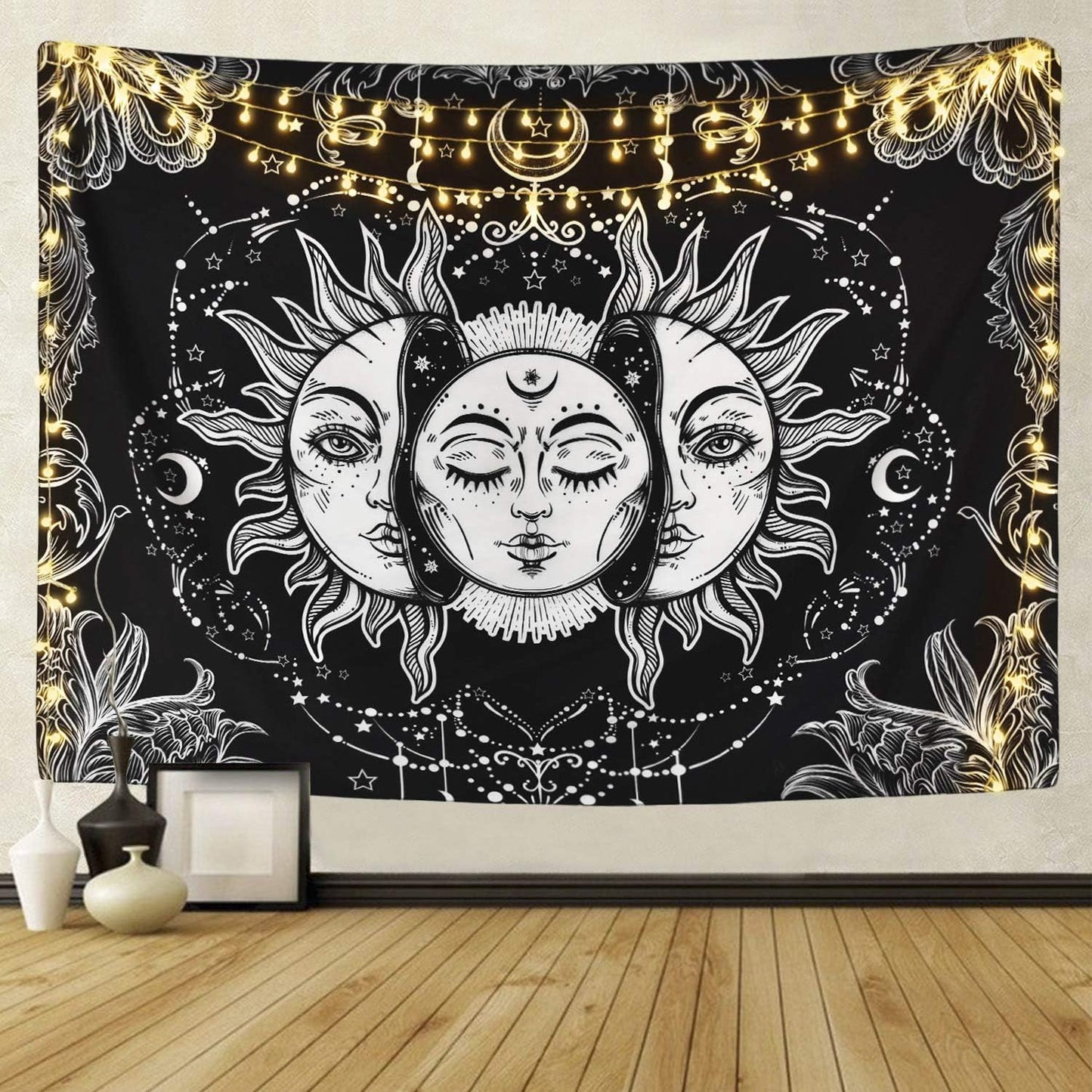 Sun and Moon Tapestry, Burning Sun with Stars Psychedelic Popular Mystic Wall Hanging Tapestry Black and White Beach Blanket (Large-79 X 59 In),Dormitory