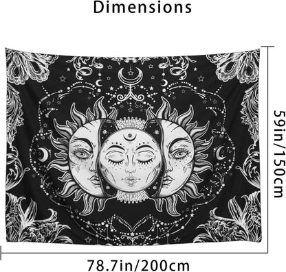 Sun and Moon Tapestry, Burning Sun with Stars Psychedelic Popular Mystic Wall Hanging Tapestry Black and White Beach Blanket (Large-79 X 59 In),Dormitory