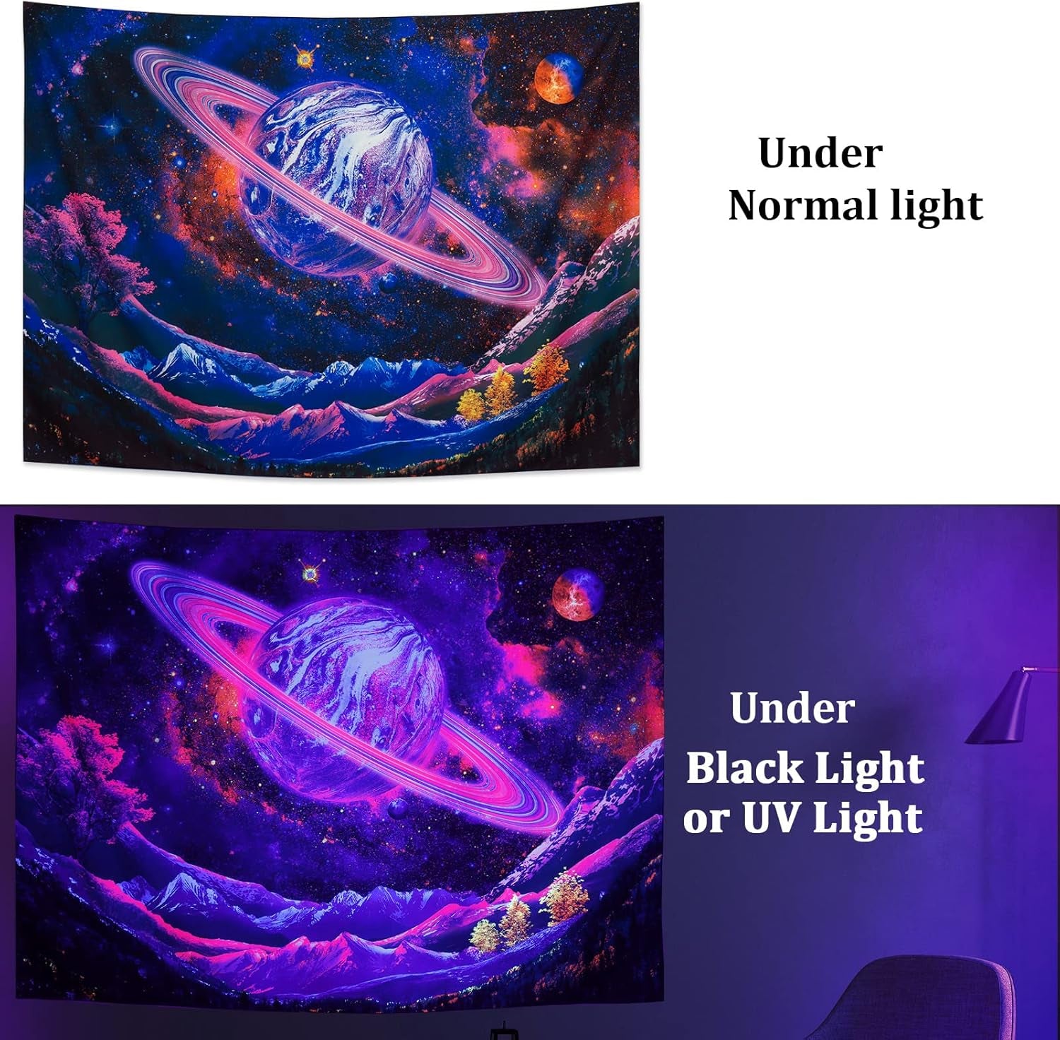 Blacklight Tapestry UV Reactive Planet Tapestry Galaxy Space Tapestry Trippy Mountain Tapestry Starry Sky Tapestry Wall Hanging for Home Decor(51.2"X59.1")