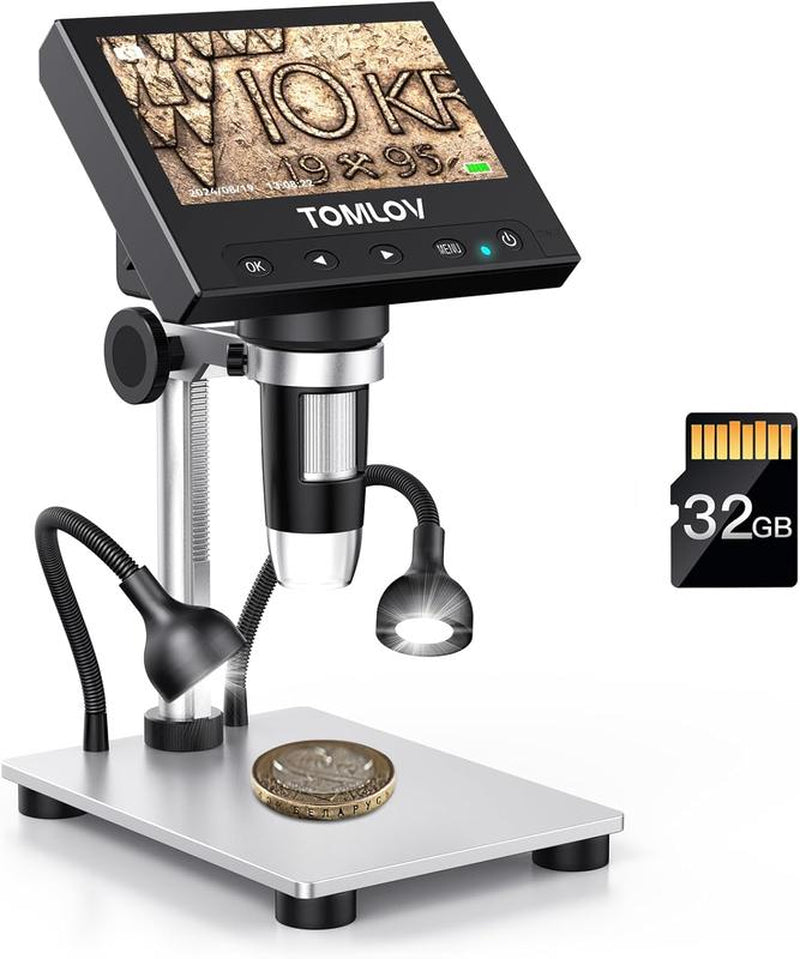 TOMLOV DM43 DM4S Coin Microscope | 4.3" LCD Adult Digital Microscope, IPS Screen, 1000X Magnification, with 8 Leds, PC View, Windows Compatible (32GB Microsd Card Included)