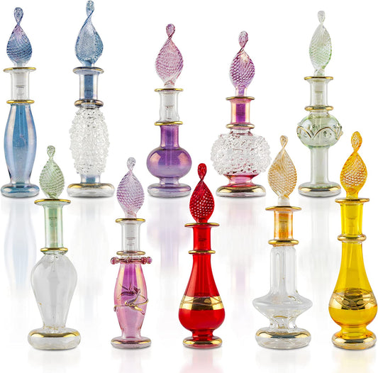 Genie Blown Glass Miniature Perfume Bottles for Perfumes & Essential Oils, Set of 10 Decorative Vials, Each 2" High (5Cm), Assorted Colors