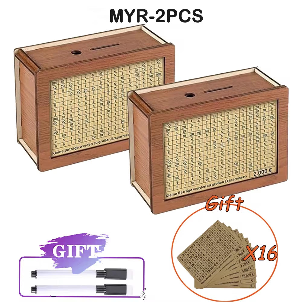 Wooden Piggy Bank Reusable Handmade Money Box, Piggy Bank with Saving Goal and Numbers to Check for Helps the Habit of Saving