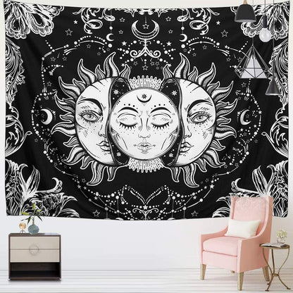 Sun and Moon Tapestry, Burning Sun with Stars Psychedelic Popular Mystic Wall Hanging Tapestry Black and White Beach Blanket (Large-79 X 59 In),Dormitory