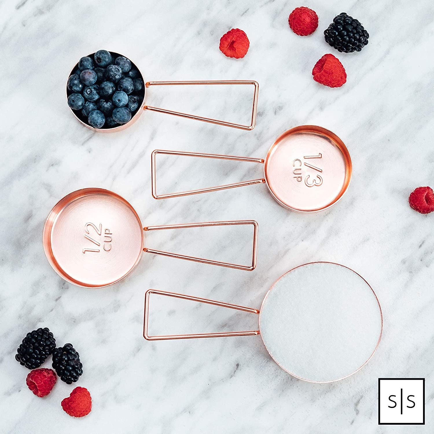 Copper Measuring Cups and Spoons Set - Metal Measuring Cups and Spoons Set - Stackable, Stylish, Sturdy Stainless Steel (8-Piece) - Rose Gold Measuring Cups and Spoons Set