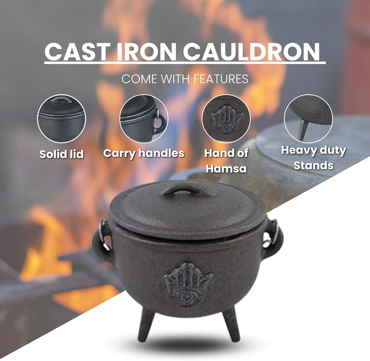 Cast Iron Cauldron with Lid and Carry Handle for Spells, Smudging, Ritual & Blessings | Includes 6 Free Incense Smudge Cups (4.5 Inch, Hand of Hamsa)