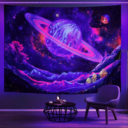 Blacklight Tapestry UV Reactive Planet Tapestry Galaxy Space Tapestry Trippy Mountain Tapestry Starry Sky Tapestry Wall Hanging for Home Decor(51.2"X59.1")