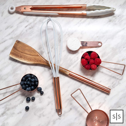 Copper Measuring Cups and Spoons Set - Metal Measuring Cups and Spoons Set - Stackable, Stylish, Sturdy Stainless Steel (8-Piece) - Rose Gold Measuring Cups and Spoons Set