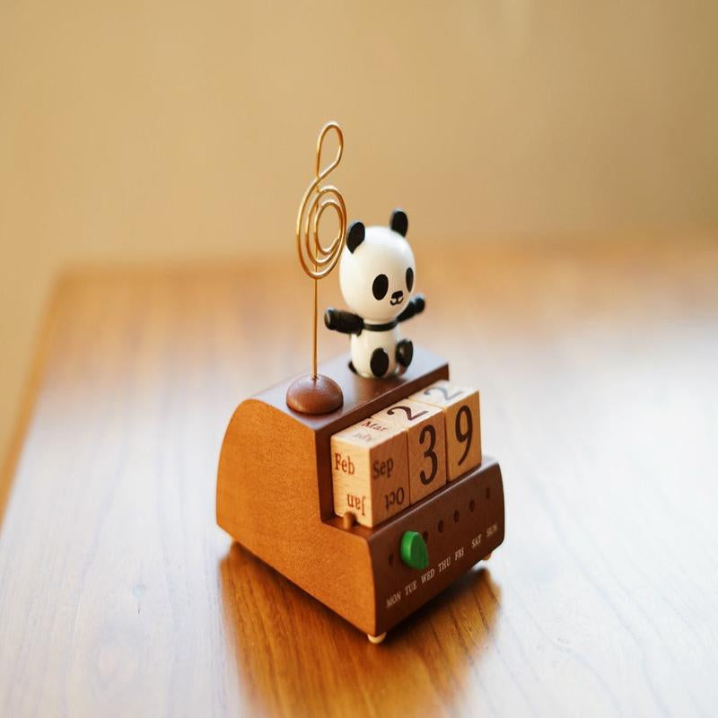 Wooden Panda Calendar Music Box, Desktop Bedroom Ornaments